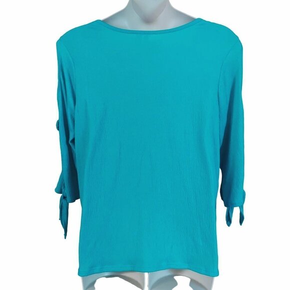 Cato Women's Plus Size Textured Green Cold Shoulder Tie Sleeve Top - Picture 2 of 7